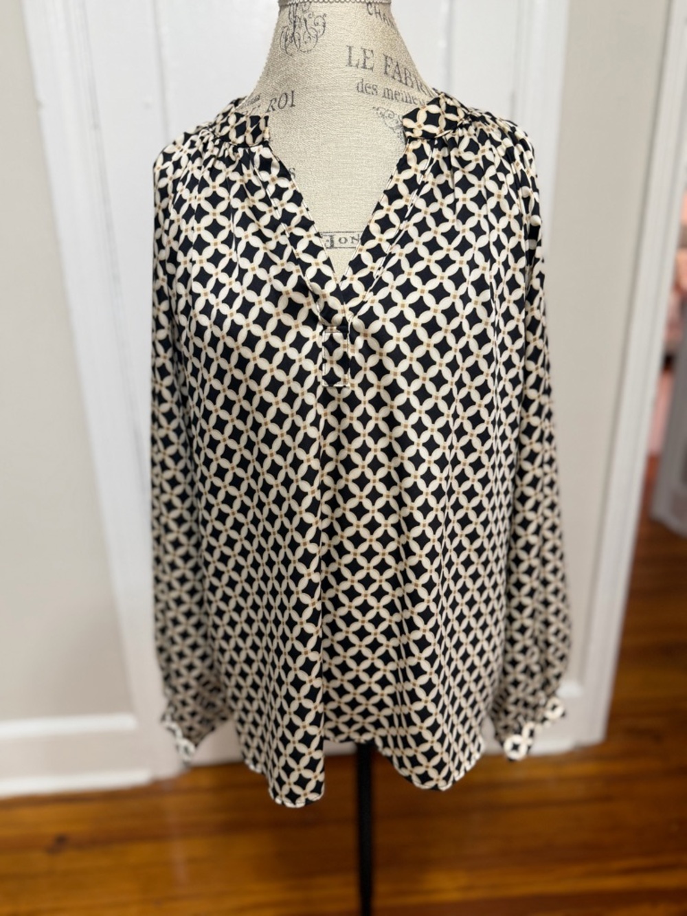 H&M Black and Cream Geometric V-Neck Blouse